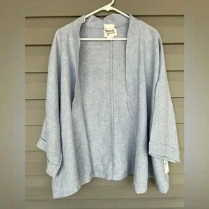 Andrea Jovine Chambray Combo Linen Open Kimono Cardigan Cuffed Sleeves Sz L
